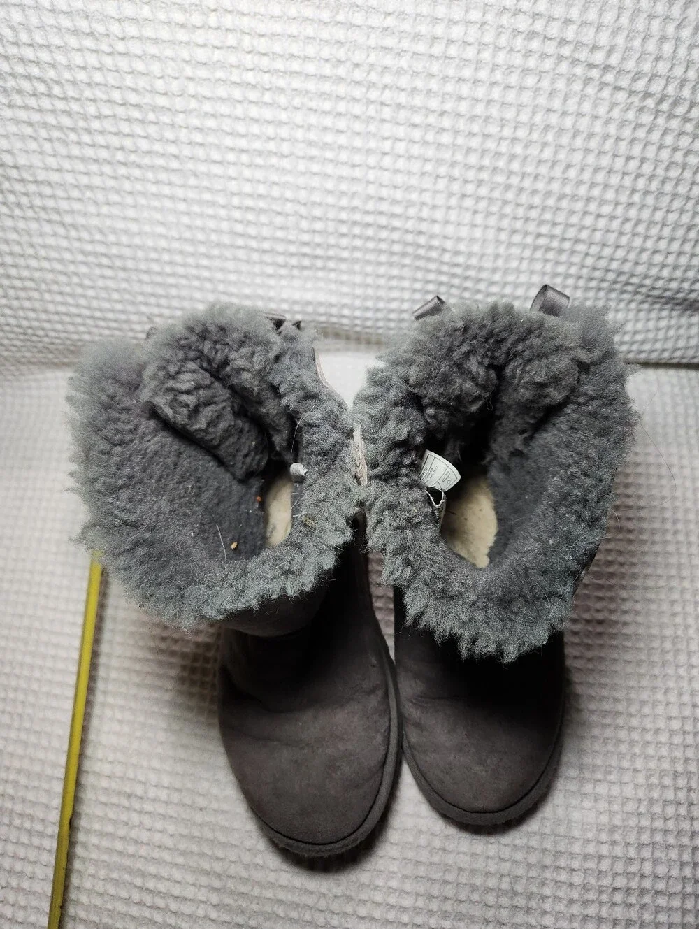 UGG Gray Bow Back Shearling Boots Flawed